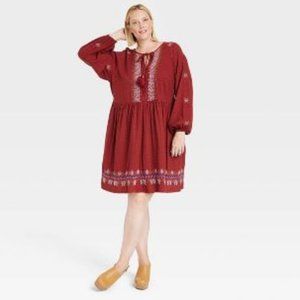 Women's Balloon Long Sleeve Embroidered Dress - Knox Rose™ Red Size Medium NWT